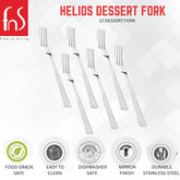 FnS Helios dessert fork set marketing image showing twelve forks with feature icons below